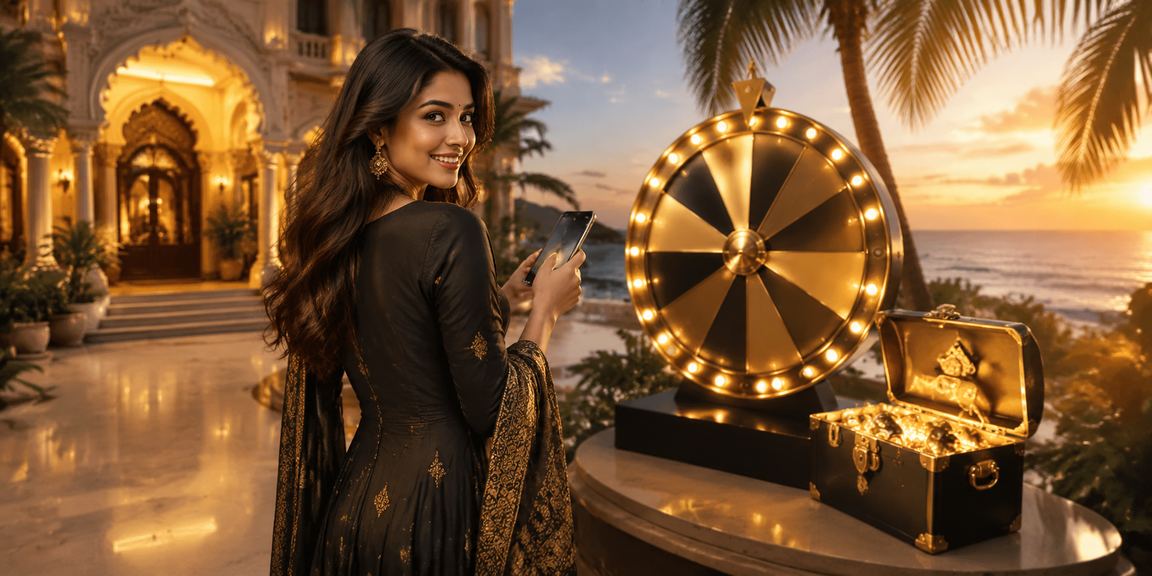 Woman in traditional kurti playing Andar Bahar game online on mobile device